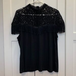 Women’s Calligraphie Black Fringe And Lace Sleeveless Top Size Large